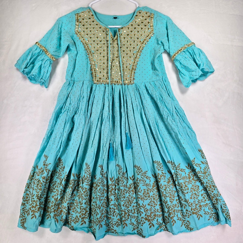 Aarong Girls Turquoise Gold Embroidered Anarkali Dress Bell Sleeve Size 8/9